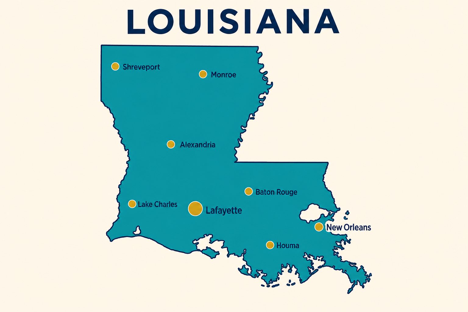 Louisiana map showing Shreveport, Monroe, Alexandria, Lake Charles, Lafayette, Baton Rouge, New Orleans, and Houma